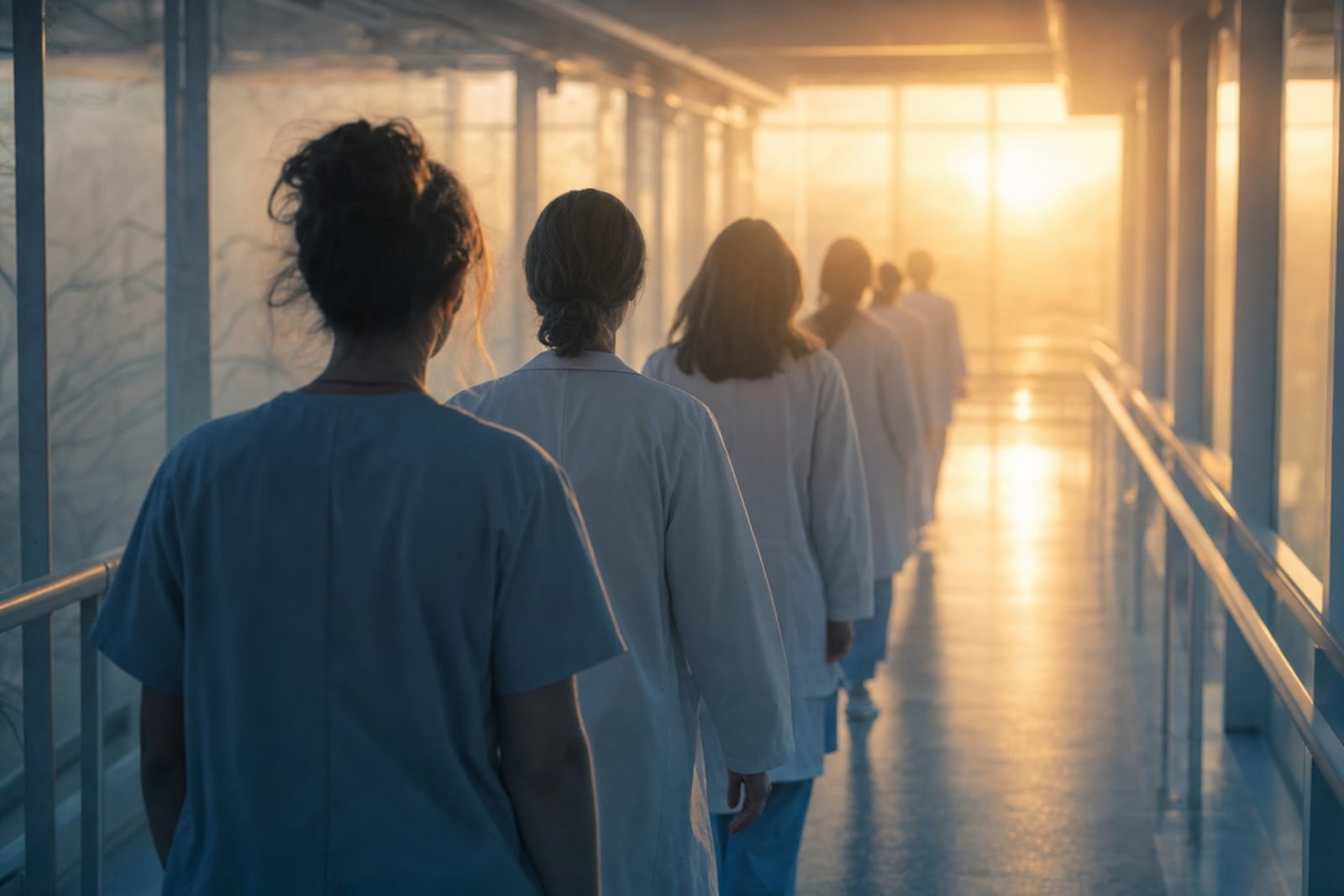 Figures ascending a path of light toward a warm sunrise