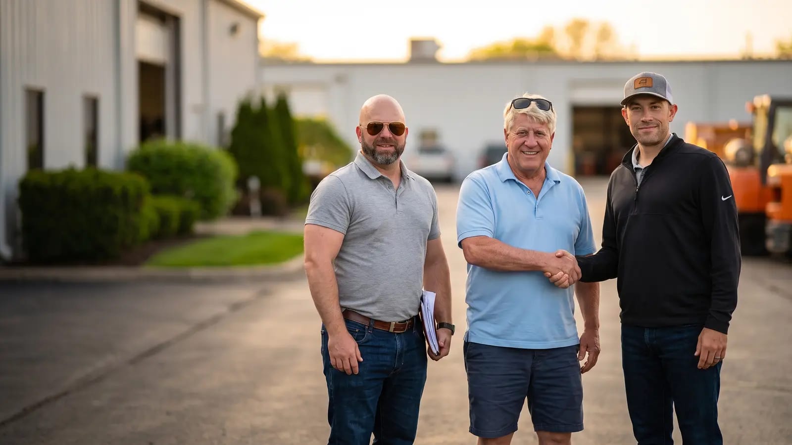Greg and Tyler with a colleague at the Midwest Waste yard at golden hour