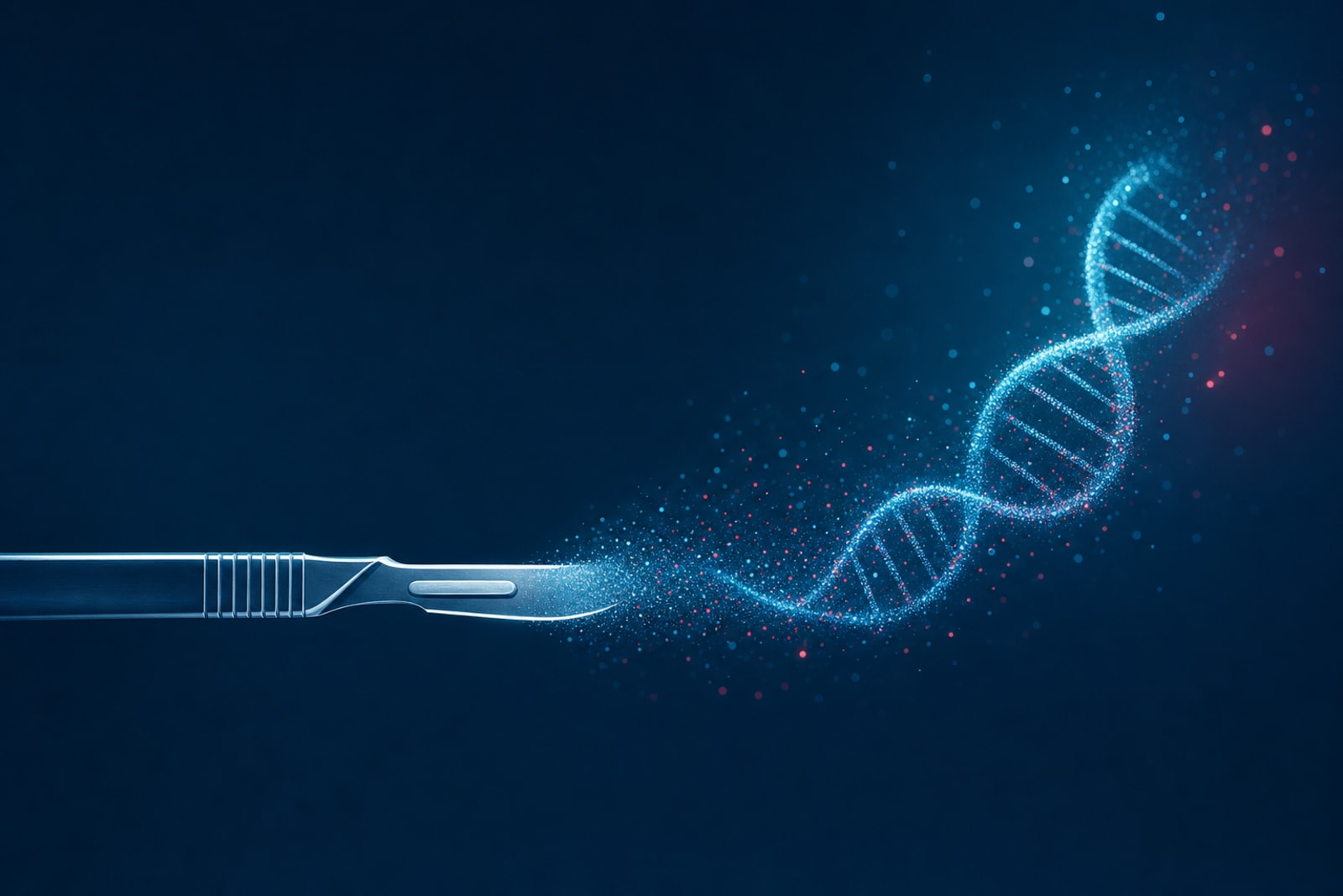 A surgeon's scalpel dissolving into a glowing DNA double helix