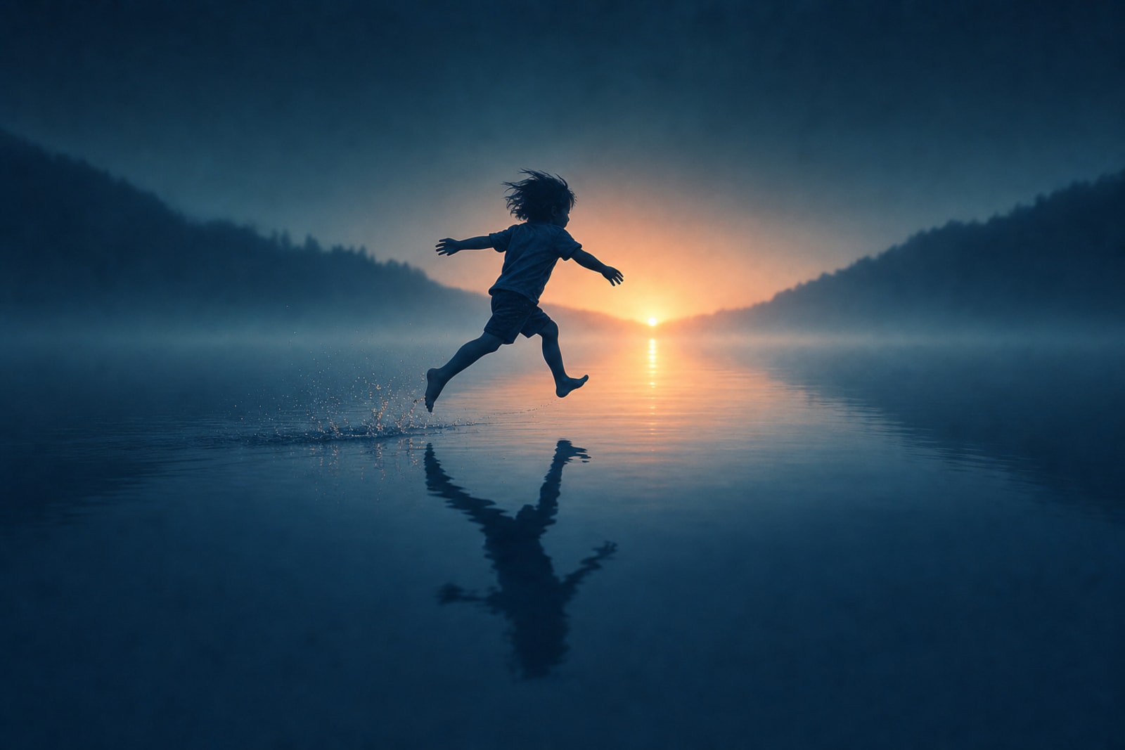 A child leaping joyfully across calm water toward a warm sunrise