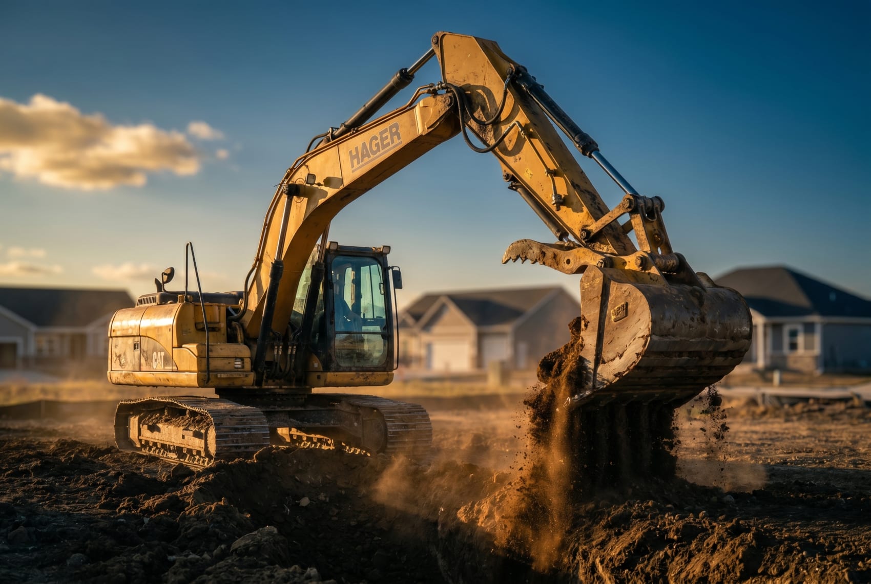 Hager Caterpillar excavator digging a residential foundation at golden hour