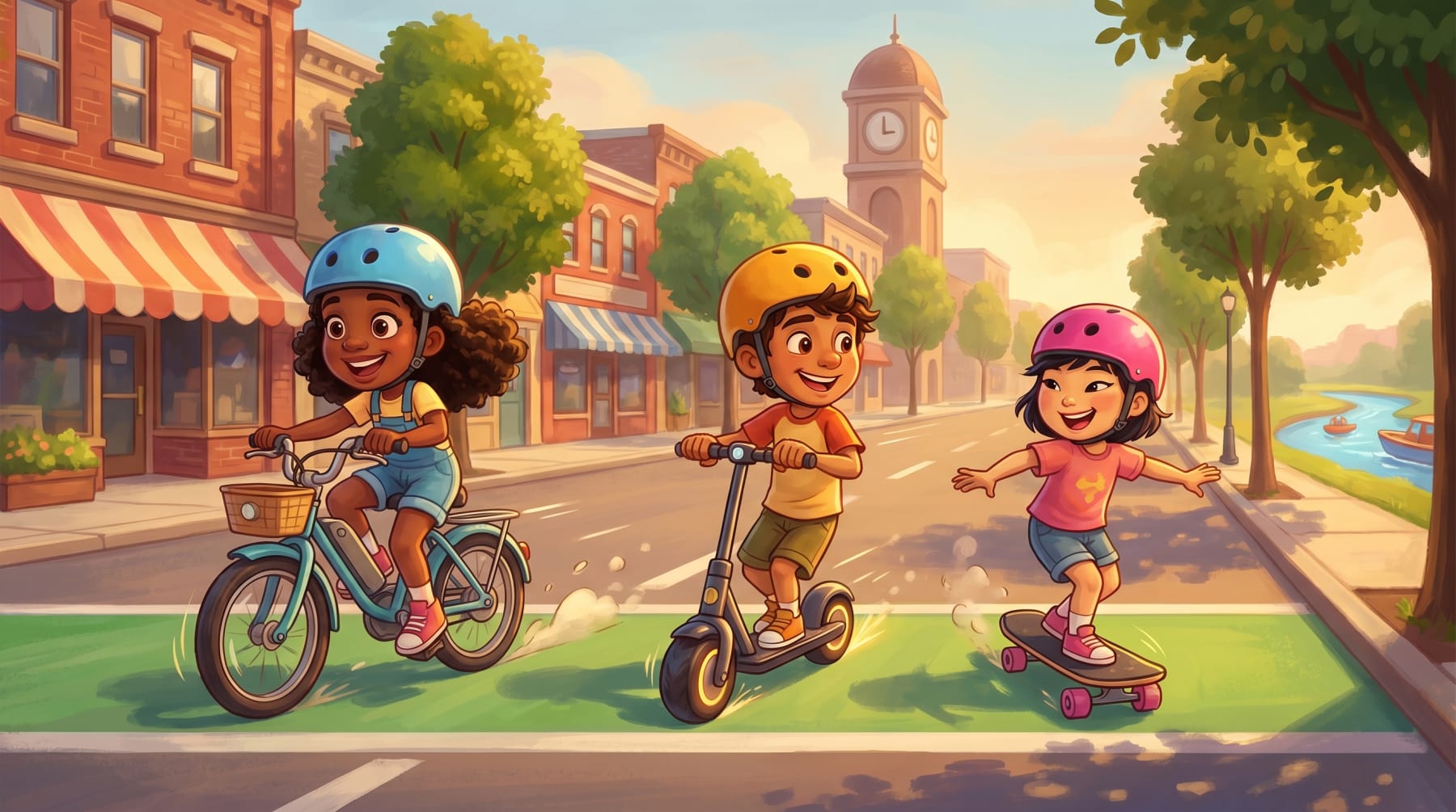 Three diverse kids — a Black girl in a sky-blue helmet on an e-bike, a Latino boy in a marigold helmet on an electric scooter, and an Asian girl in a hot-pink helmet on an electric skateboard — riding side by side down a green-painted bike lane on a sunny tree-lined main street in Batavia.