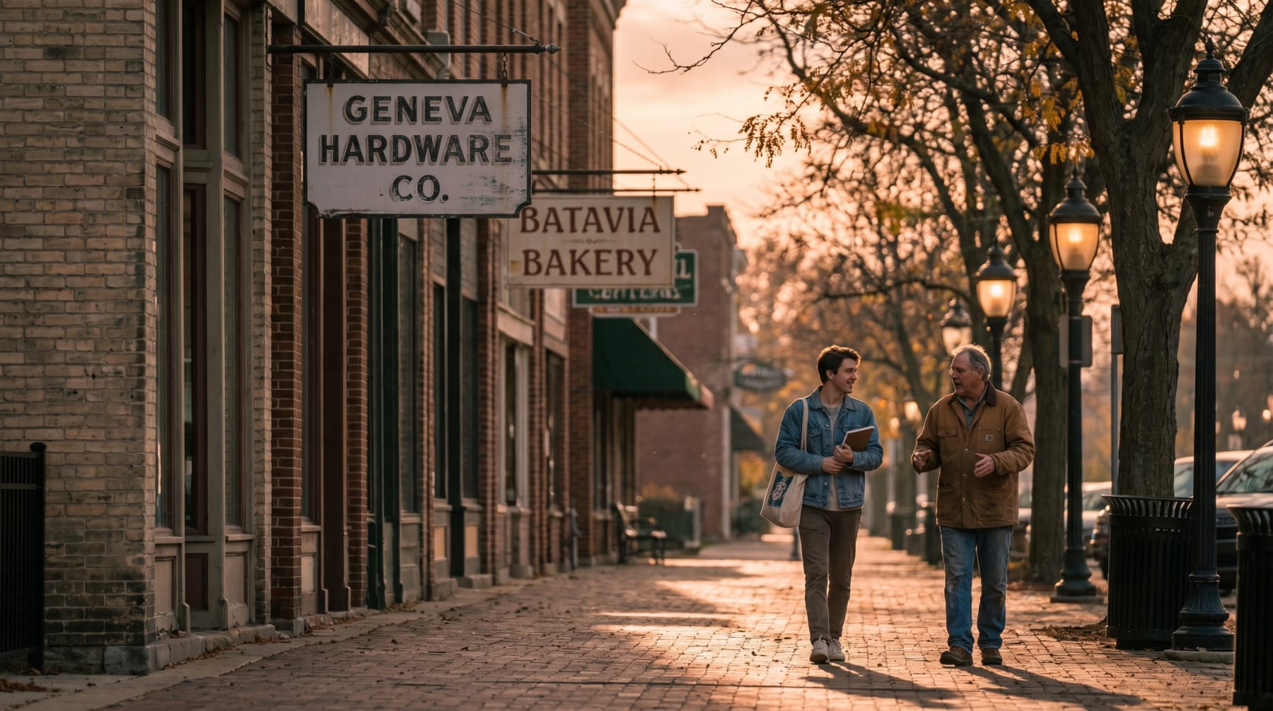 A young apprentice and an older shopkeeper walk together down a golden-hour brick sidewalk in downtown Geneva, past Geneva Hardware Co. and Batavia Bakery storefronts.
