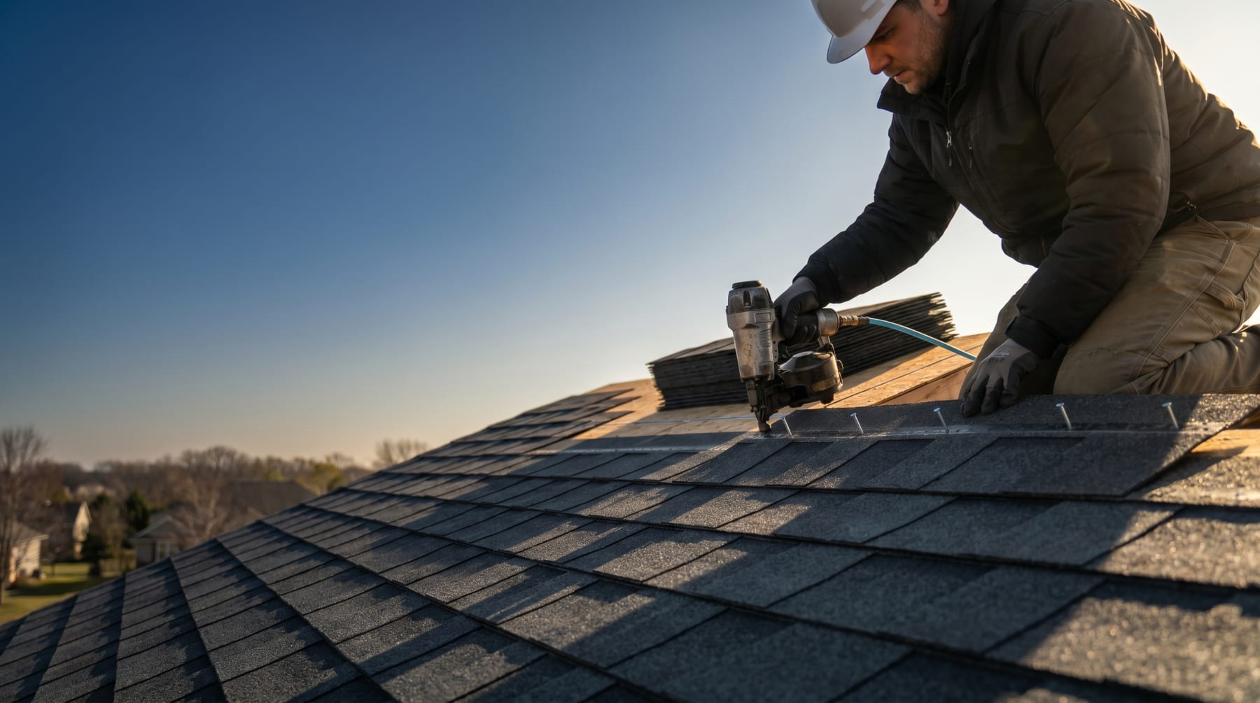 Roofer installing F-Wave REVIA synthetic slate shingles at golden hour