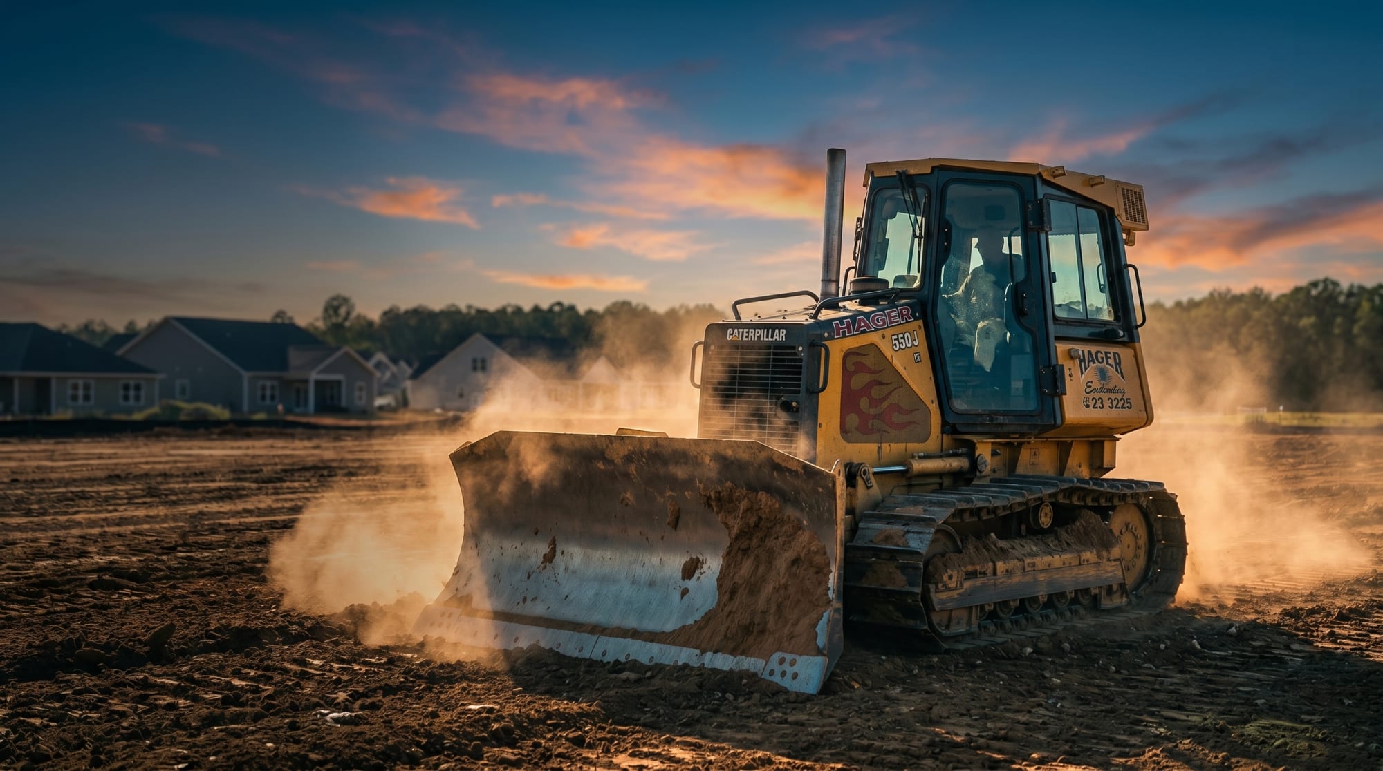 Hager Caterpillar dozer grading a jobsite at sunset