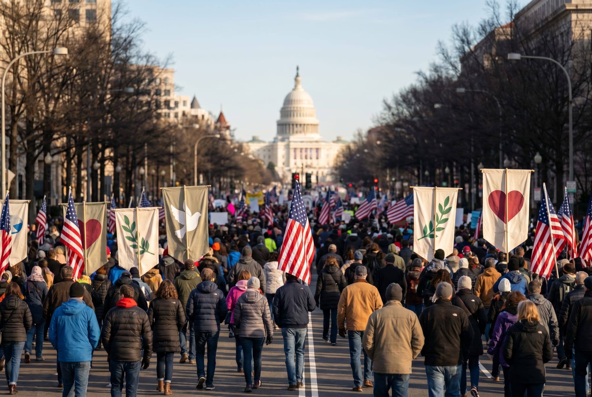 Marchers walking toward the U.S. Capitol
