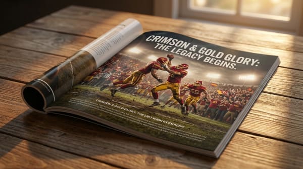 A glossy magazine open to a full-page Batavia football advertisement