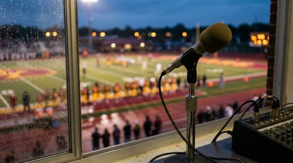 A press-box public-address microphone overlooking the football field