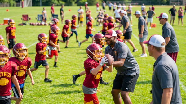 Kids in crimson and gold at the Batavia youth football summer camp