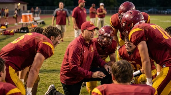A Batavia football coach speaking to players gathered around him on the field