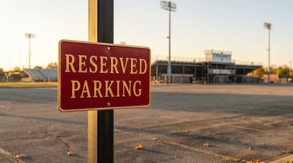 A crimson and gold reserved parking sign at the stadium lot