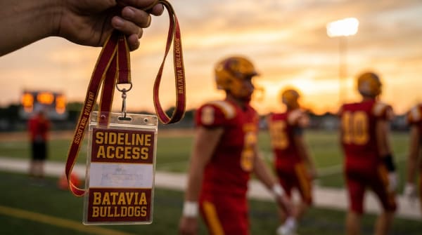 Crimson and gold Batavia Bulldogs sideline access credential at a Friday-night game