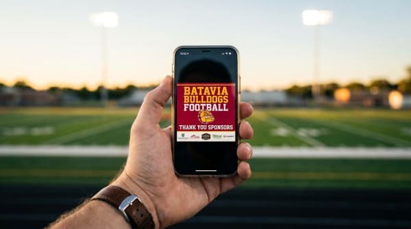 A phone showing a Batavia Bulldogs Football thank-you-sponsors social post