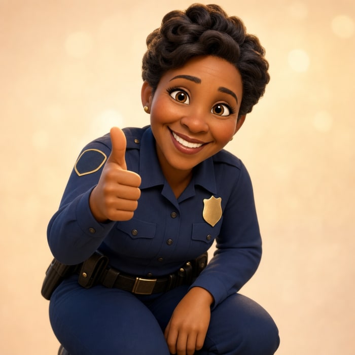 A cartoon Batavia police officer, a smiling Black woman in a navy uniform, kneeling and giving a friendly thumbs-up.