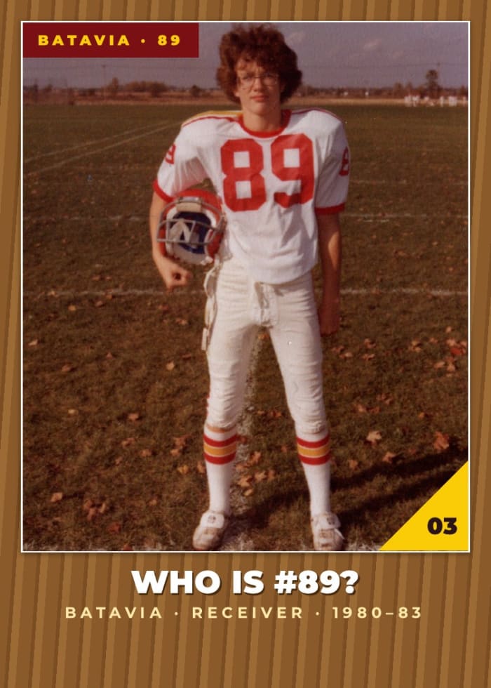 Card 3 of 10 — Dennis Piron in a Batavia football uniform, number 89, early 1980s