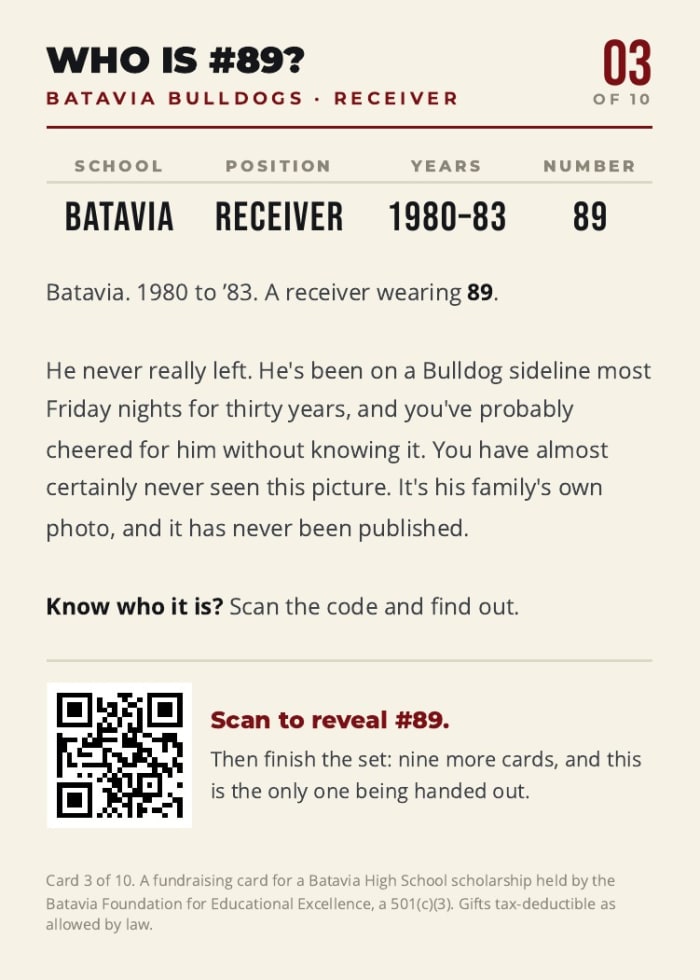 Back of Card 3 — stat line, story and the ask