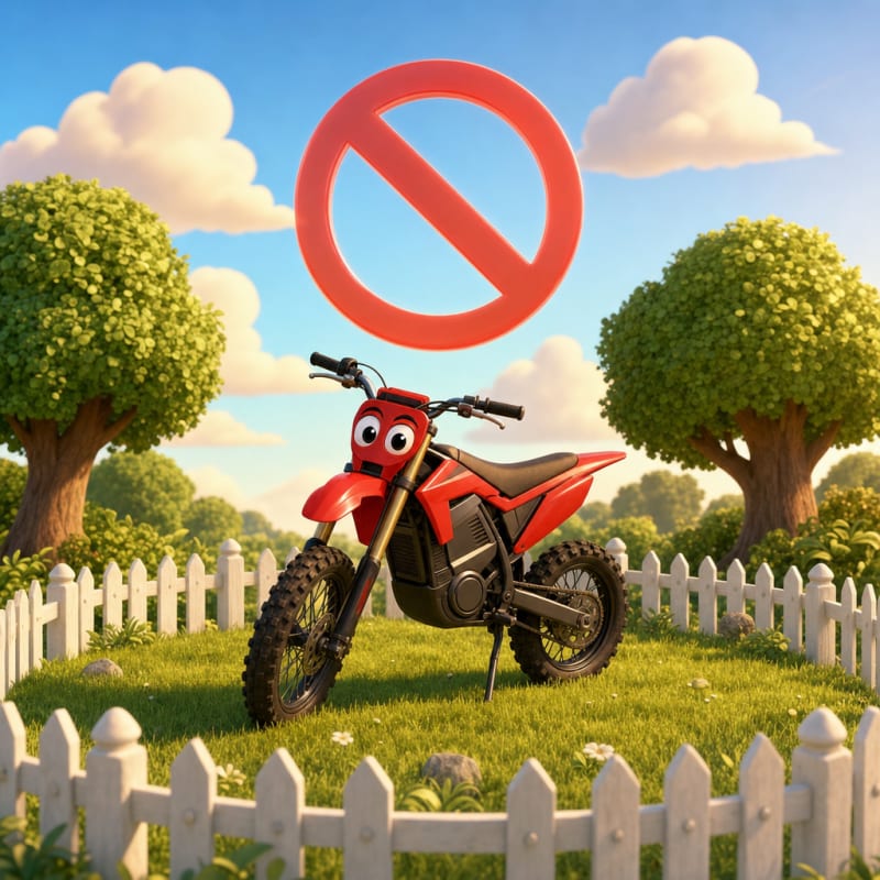 A cartoon red electric dirt bike sitting inside a small fenced grassy patch of private property, with a large semi-transparent red 'no' symbol — a circle with a diagonal slash — hovering above it.