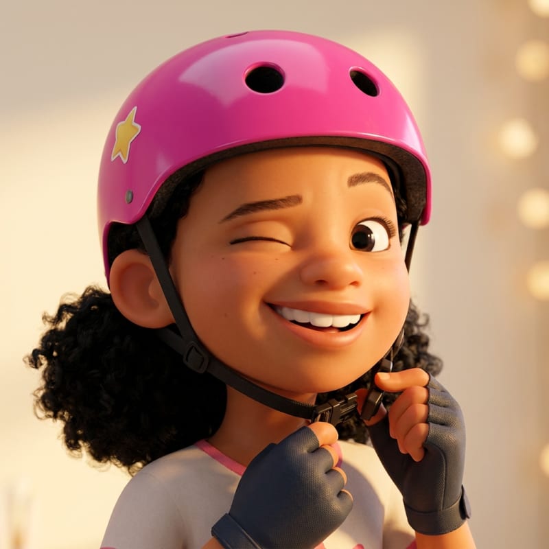 A cheerful cartoon girl in a glossy hot-pink helmet clicking the chin strap into place with a big smile and a wink.