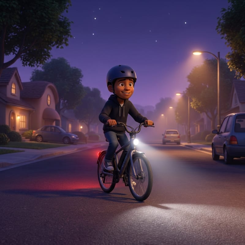 A cartoon boy in a navy helmet riding an e-bike at twilight on a quiet residential street, with a glowing white headlight casting forward and a vivid red taillight glowing behind him.