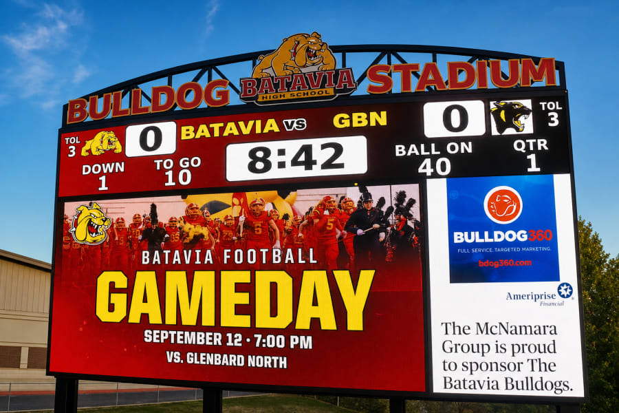 Batavia Stadium digital scoreboard on game day, displaying sponsor ads