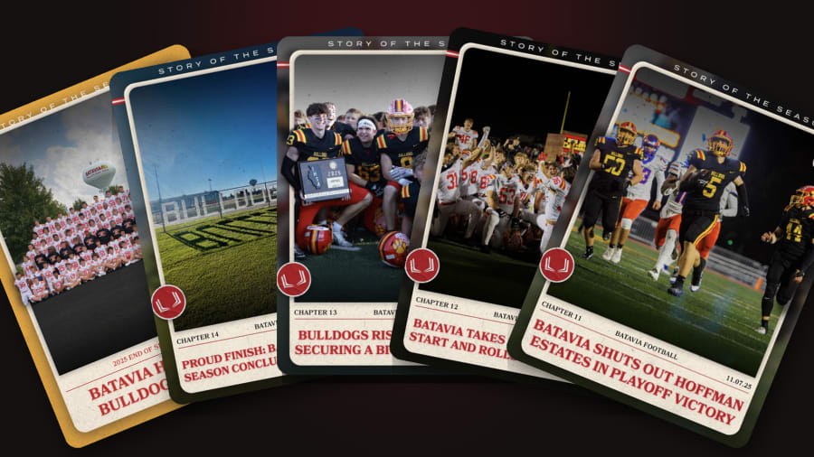 A fanned stack of weekly Story of the Season Batavia Football digital magazine chapter covers
