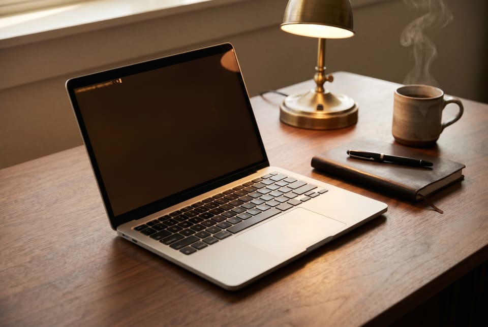 A laptop on a warm walnut desk with a brass lamp and steaming coffee mug, late-afternoon light.