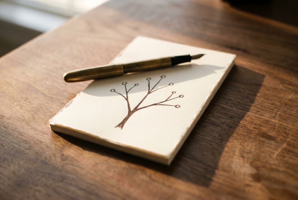 A hand-drawn branching diagram in ink on a cream notepad with a brass fountain pen, warm light.