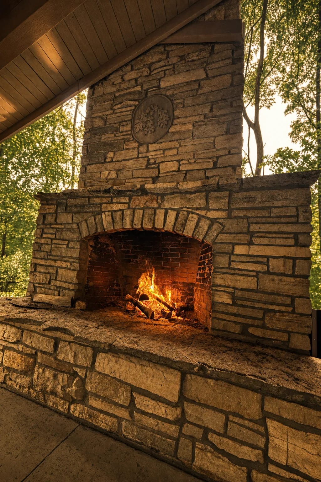 A fire burning in the stone fireplace at the forest-preserve shelter