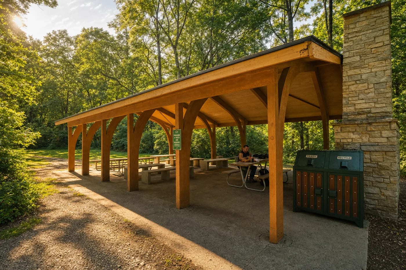 The forest-preserve pavilion and stone fireplace where the interview was recorded