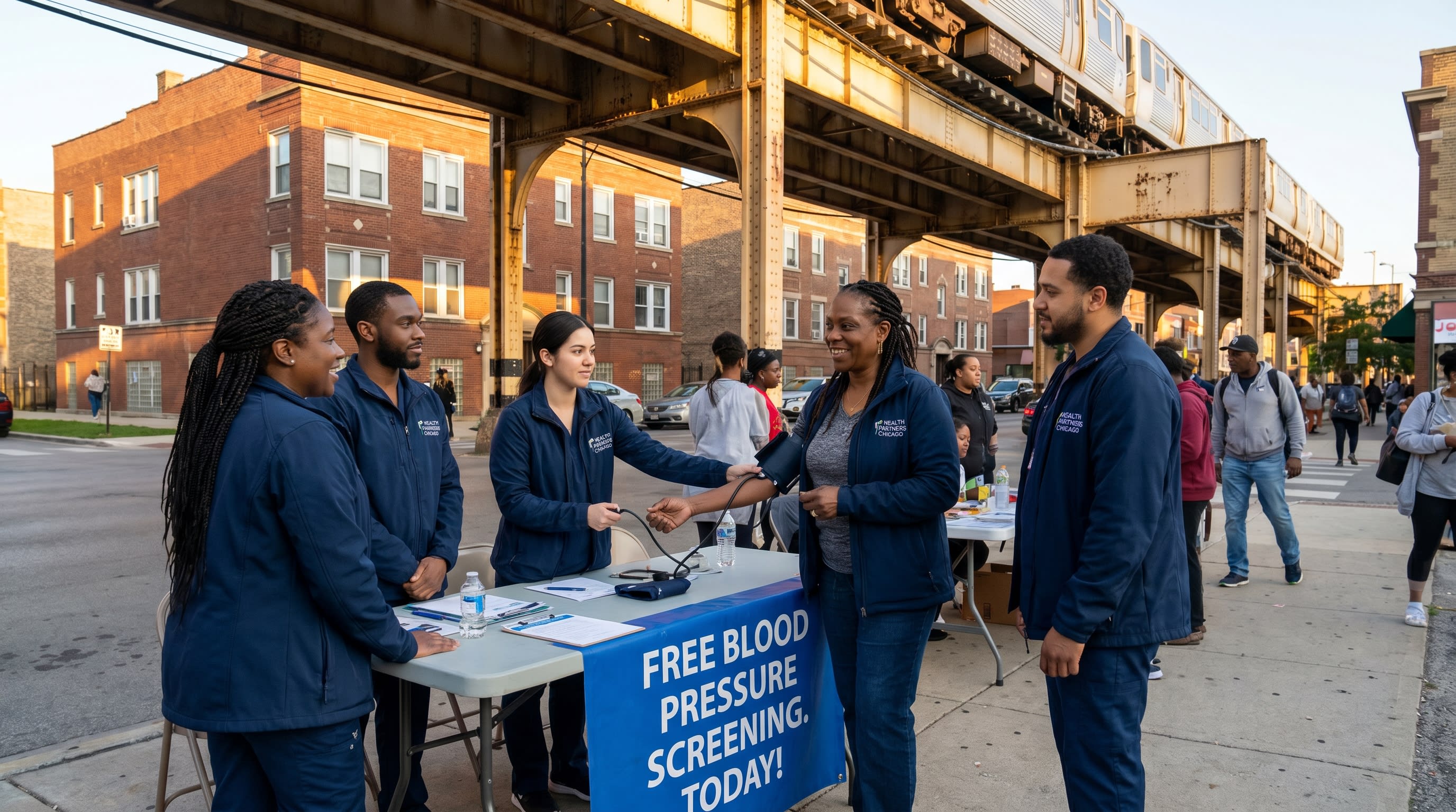 Community health workers conducting a free blood pressure screening under a Chicago elevated train