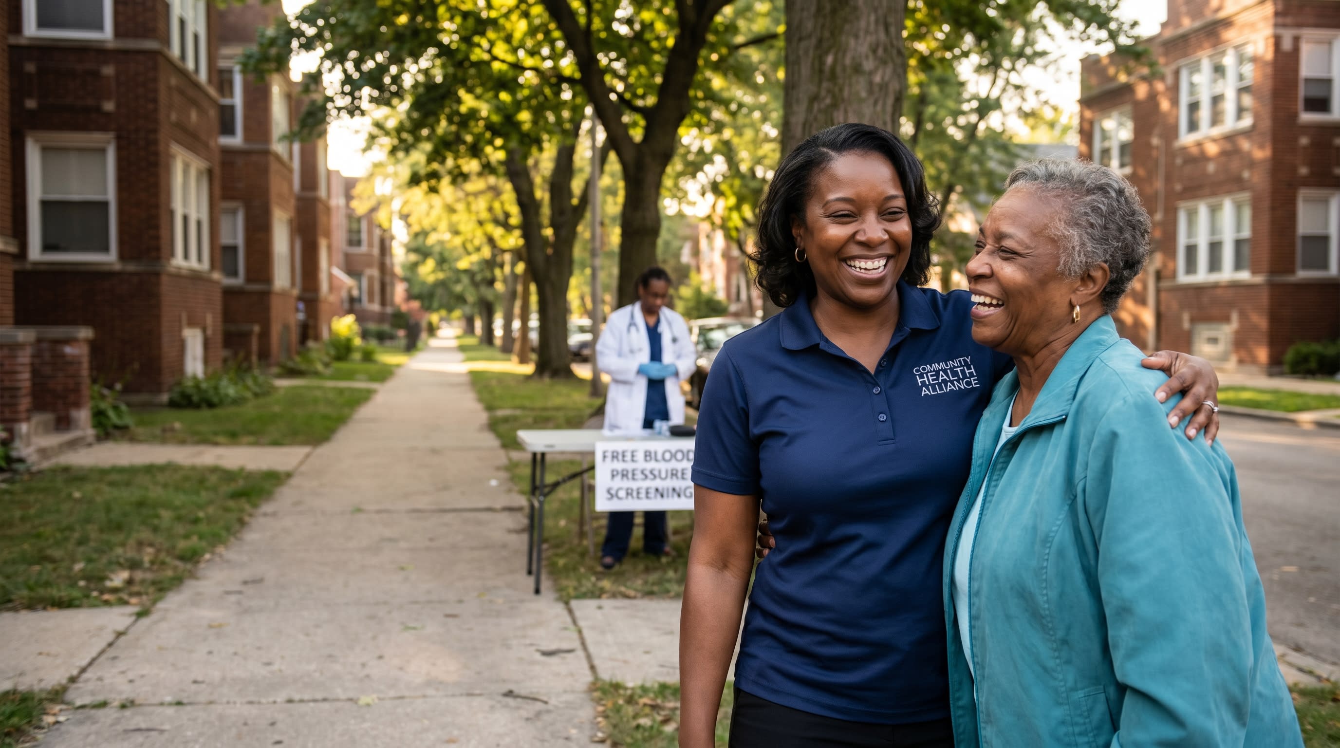 A community health worker greeting a neighborhood resident on a Chicago sidewalk near a free blood pressure screening table