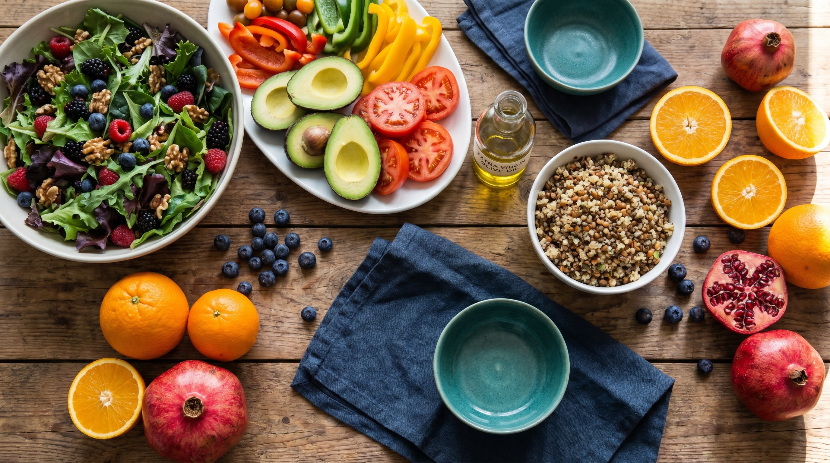 An overhead spread of fresh vegetables, salads, whole grains, fruit and olive oil on a wooden table