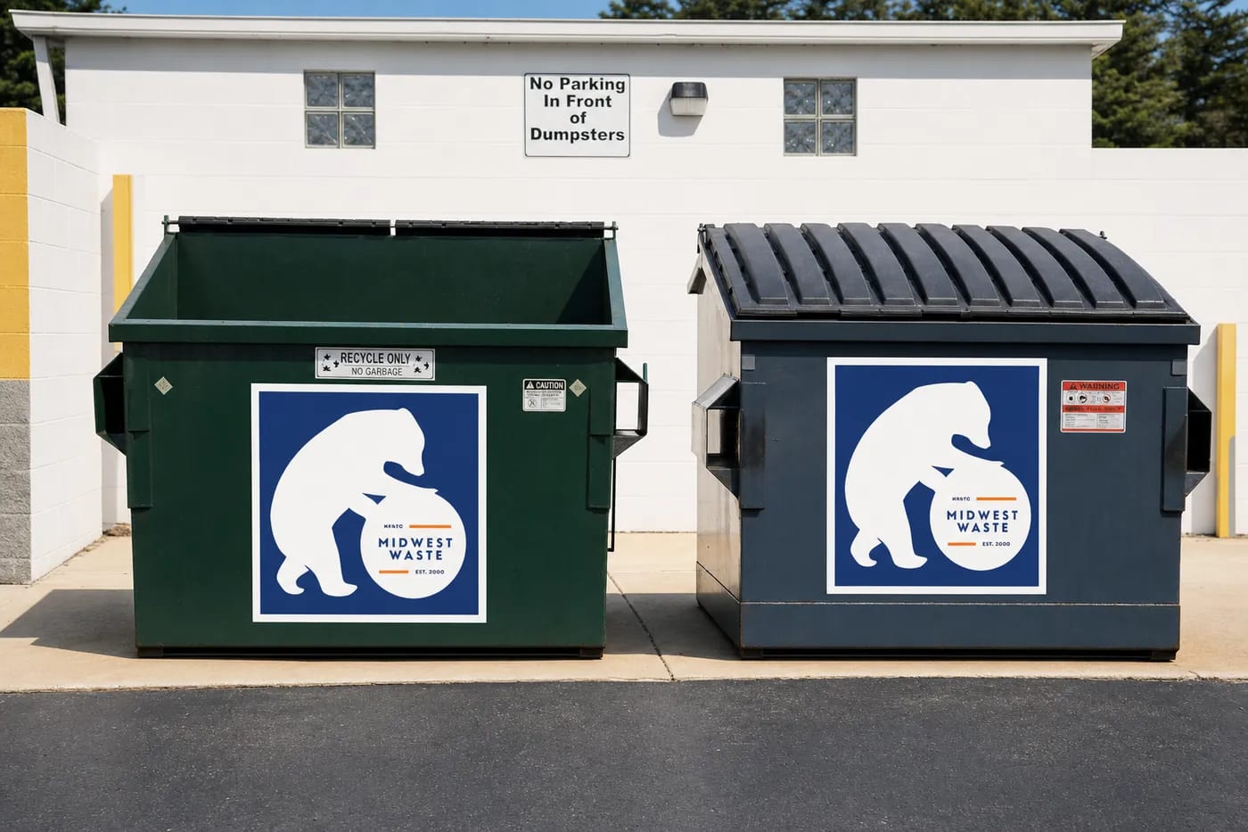 Front-load dumpsters wearing the Midwest Waste bear-and-sphere logo