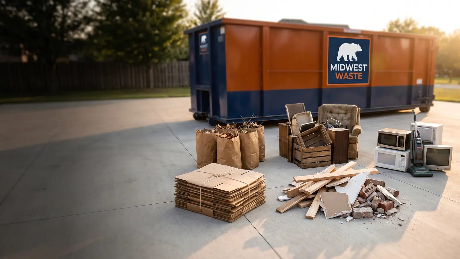 Different categories of waste sorted into groups in front of a Midwest Waste roll-off dumpster