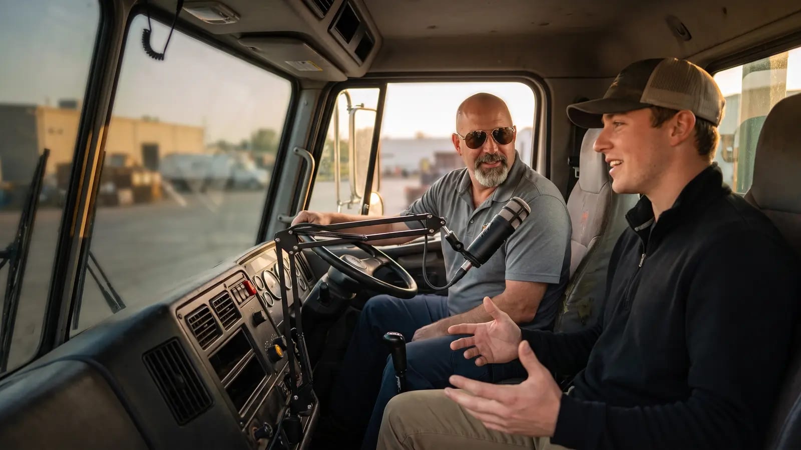 Midwest Waste owners recording a podcast in the cab of a garbage truck