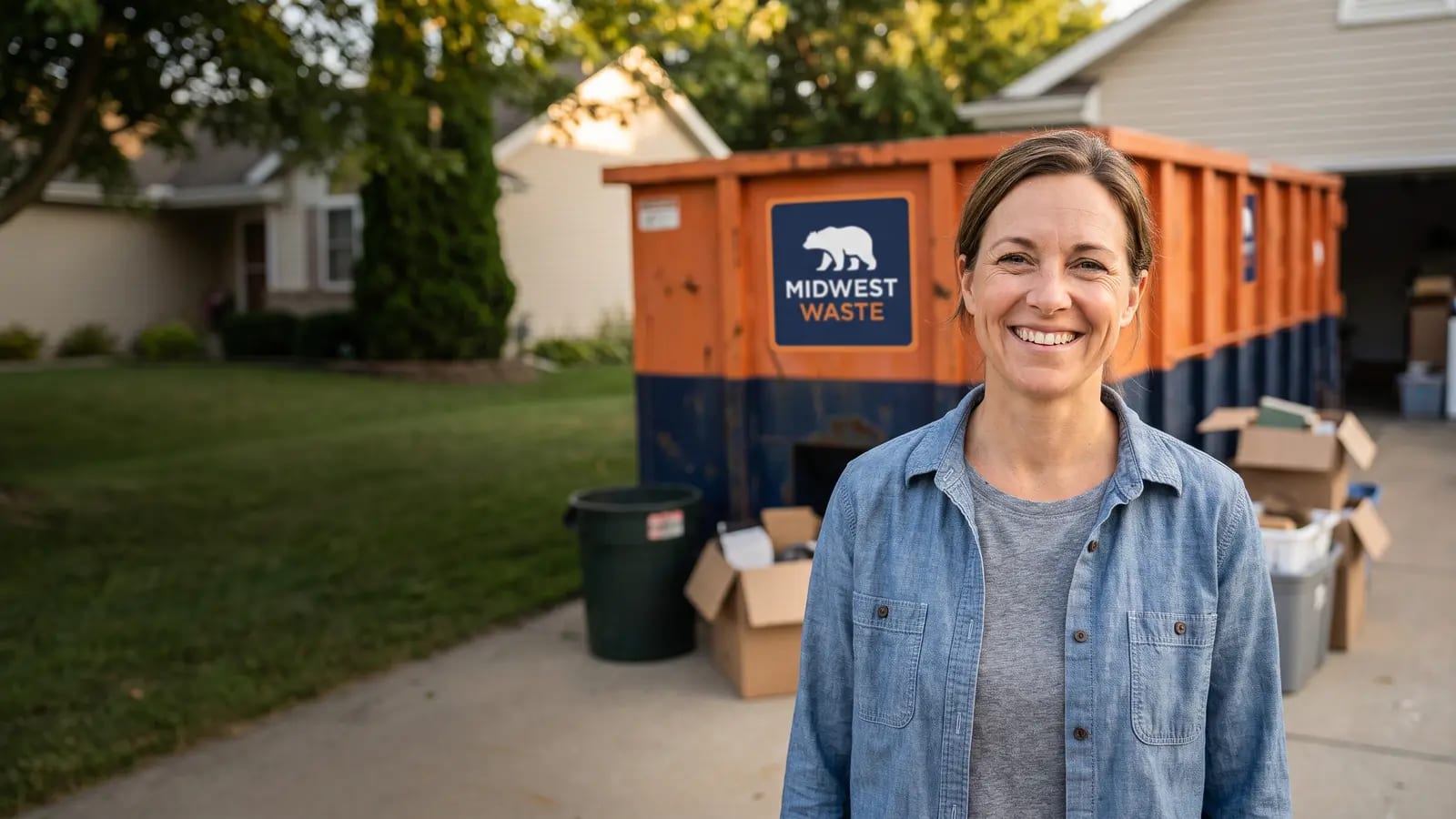 A happy homeowner smiling in front of a Midwest Waste roll-off dumpster during a driveway cleanout