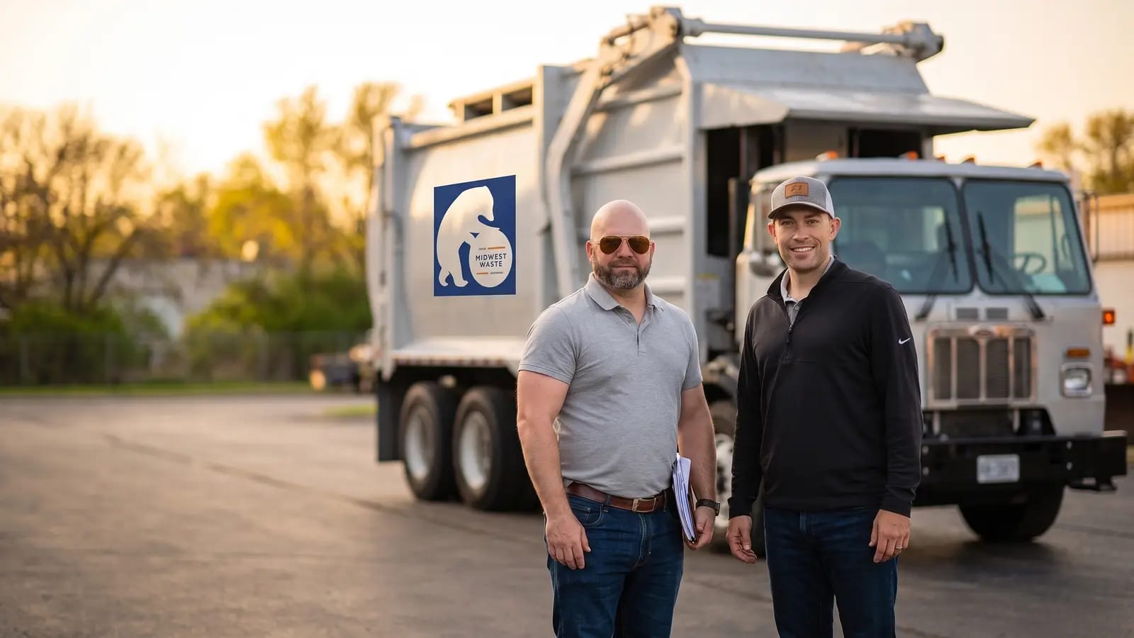 Midwest Waste Consultants owners with a branded front-load collection truck
