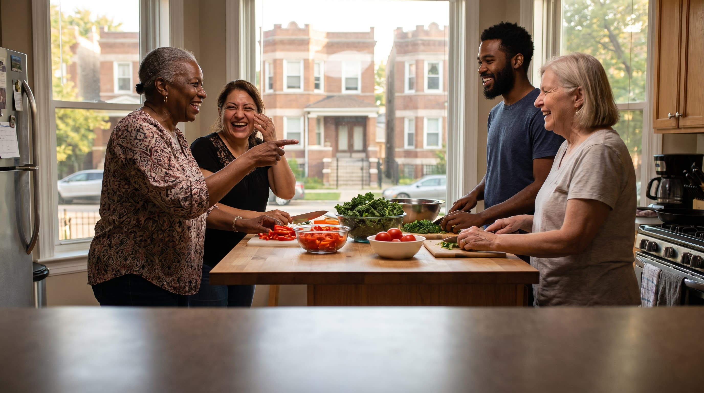 A group of friends and neighbors laughing while cooking fresh vegetables together in a Chicago kitchen