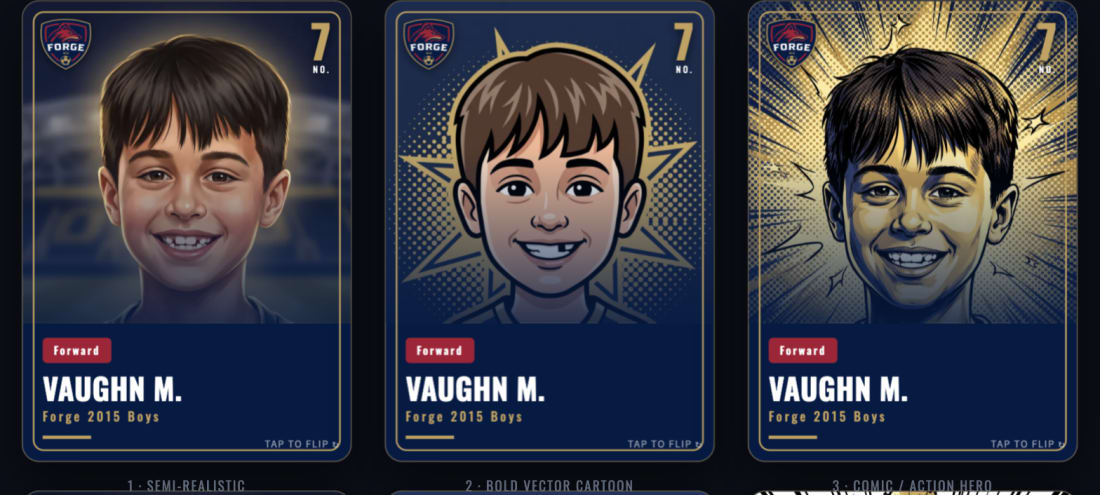 Forge Fest trading card — one player shown in three illustration styles