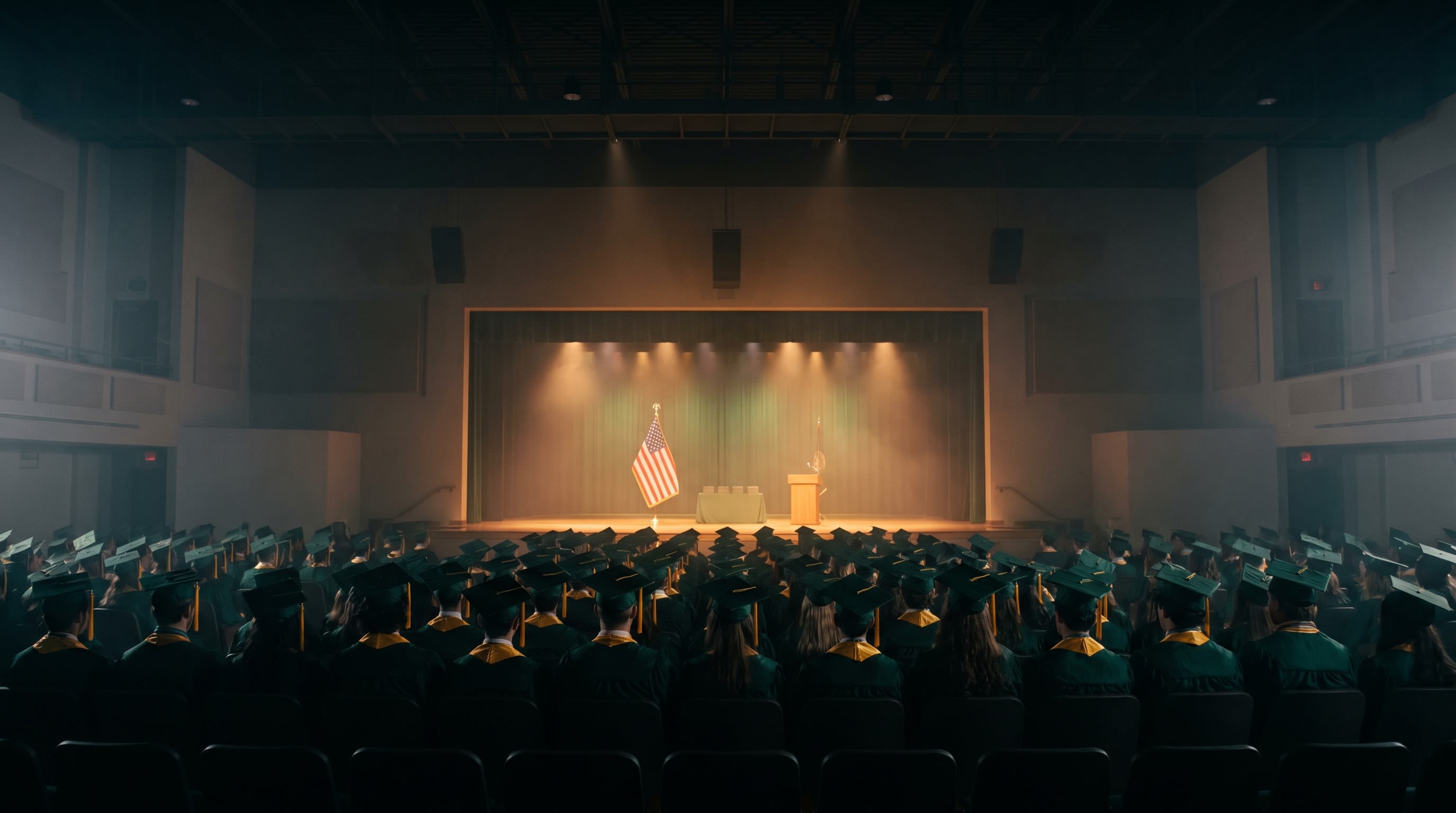 Graduating seniors in green gowns and gold tassels facing a lit stage
