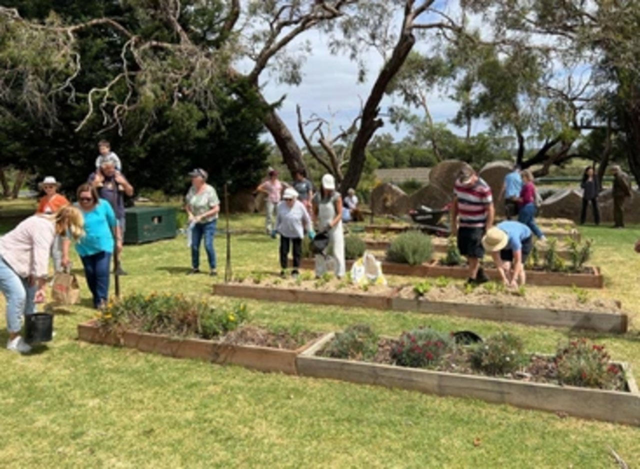 Visitors gathering and walking through the garden pathways at Mornington Green.