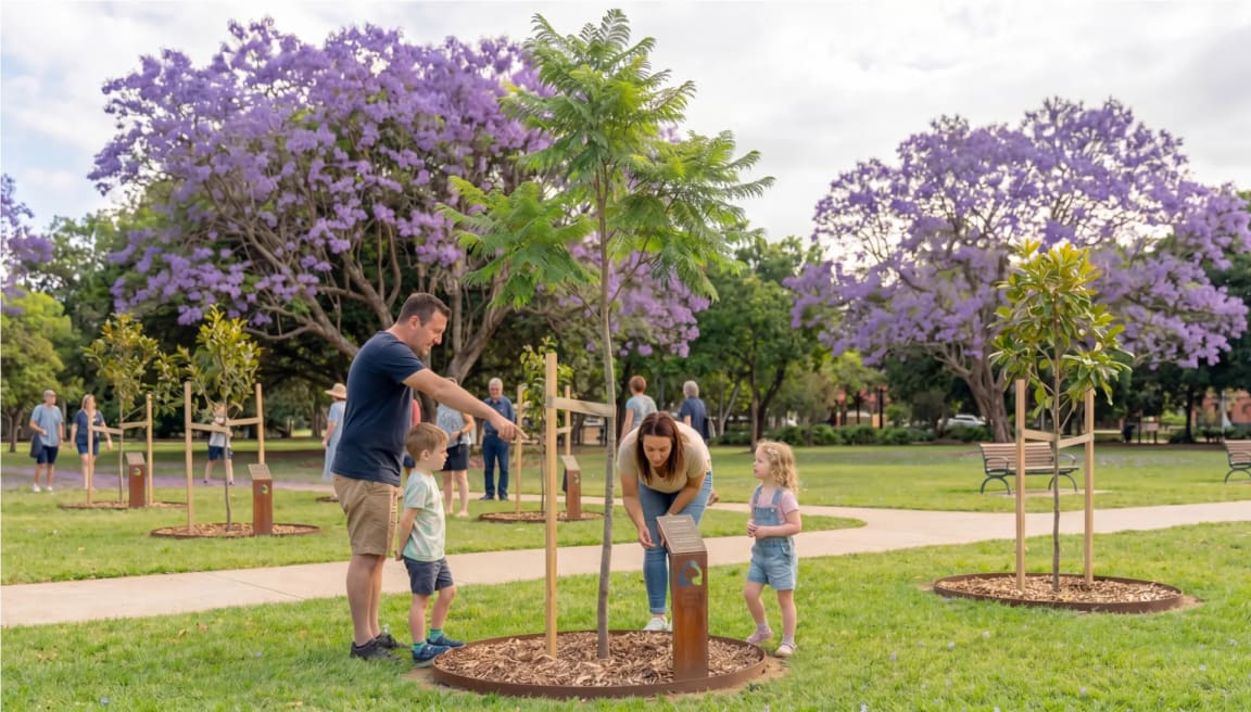 Visitors walking among the memorial trees at Mornington Green Living Legacy Gardens.