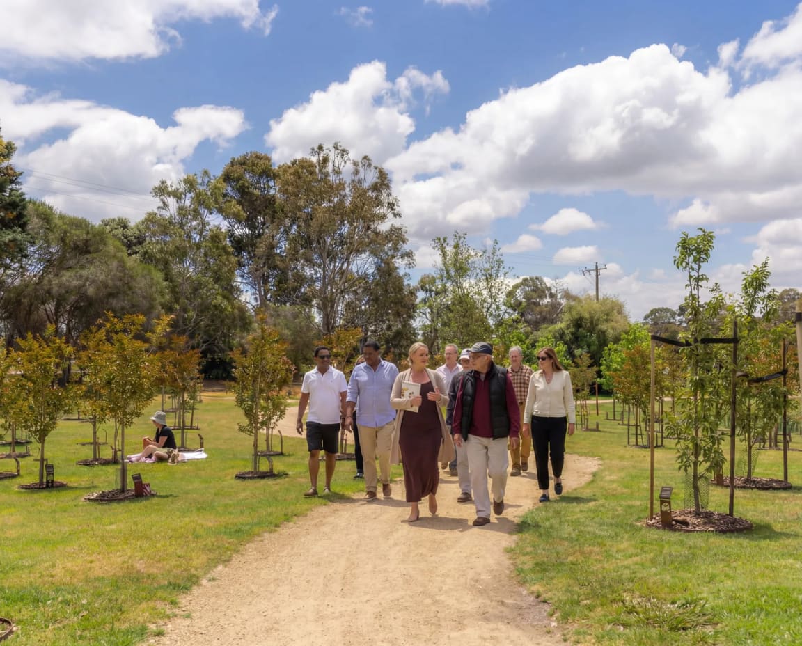 A group walking a garden path on a guided tour at Mornington Green.