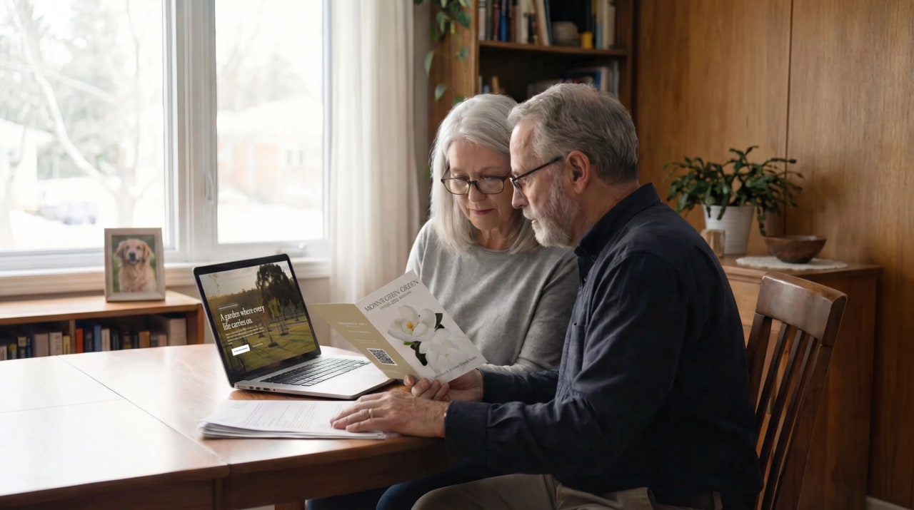 An older couple reviewing the Mornington Green website and brochure on a laptop at home.