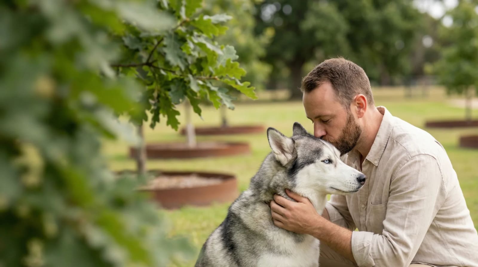 A man kissing his husky as they sit together among the memorial trees at Mornington Green.