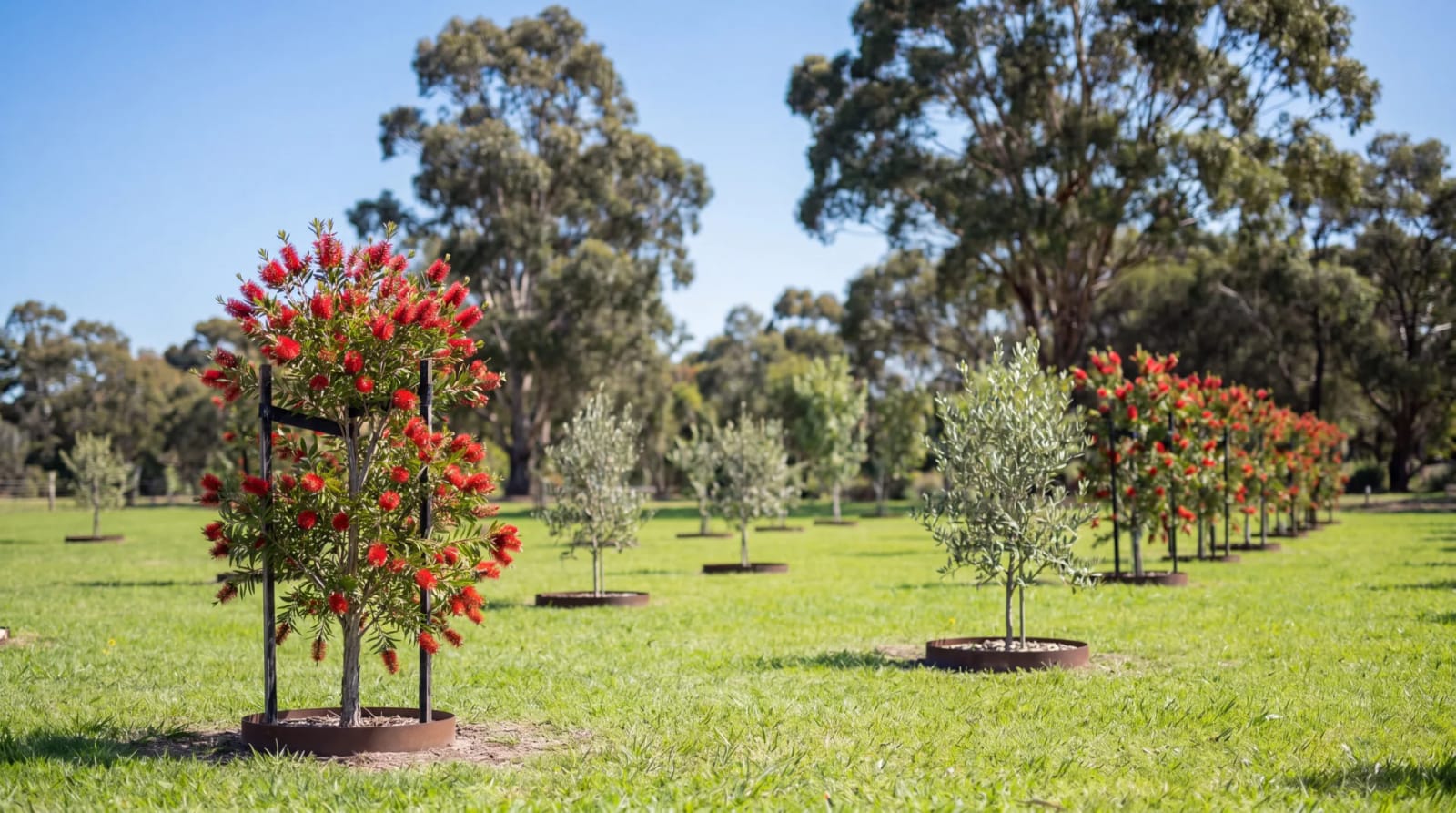 Rows of red bottlebrush and silver olive memorial trees in the Mornington Green Living Legacy Gardens.