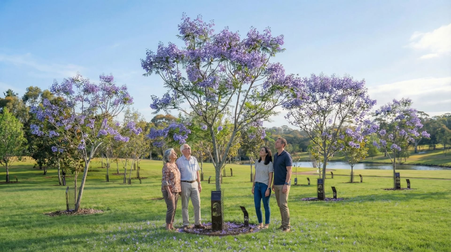 A family looking up at a flowering jacaranda memorial tree in the Mornington Green gardens.