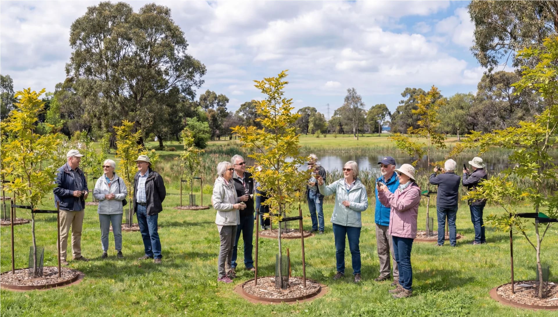 A tour group among the young memorial trees by the lake at Mornington Green Living Legacy Gardens.