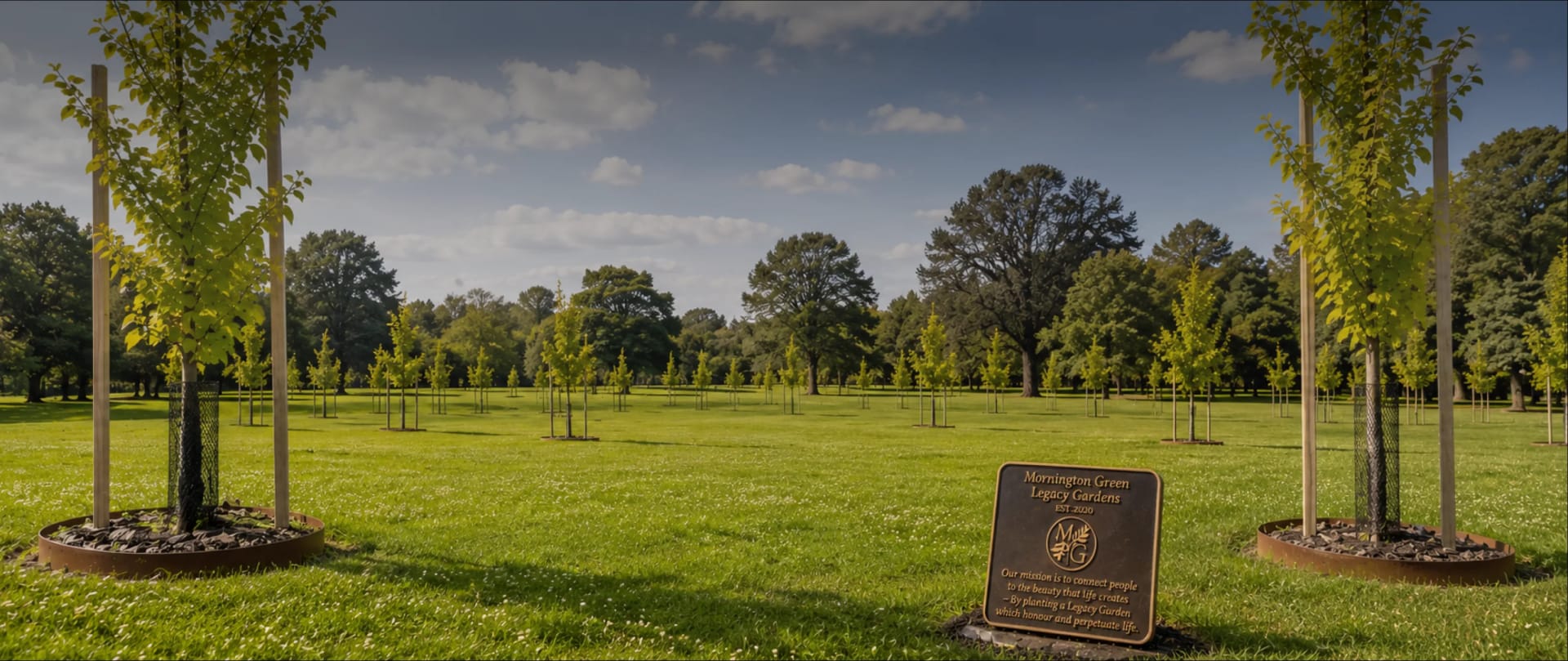Young memorial trees across the lawn at Mornington Green Legacy Gardens, with the bronze Legacy Gardens plaque in the foreground.
