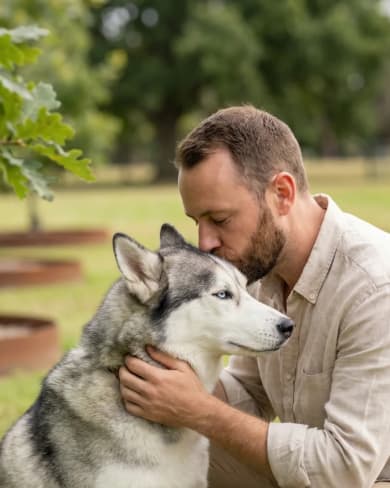 A man kissing his husky as they sit together among the memorial trees at Mornington Green.